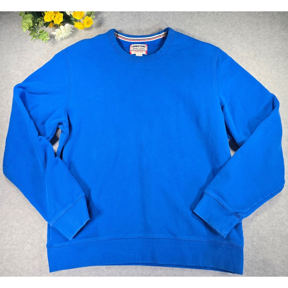 Lands End Serious Sweats Mens Medium Blue Crewneck Fleece Sweatshirt Cozy